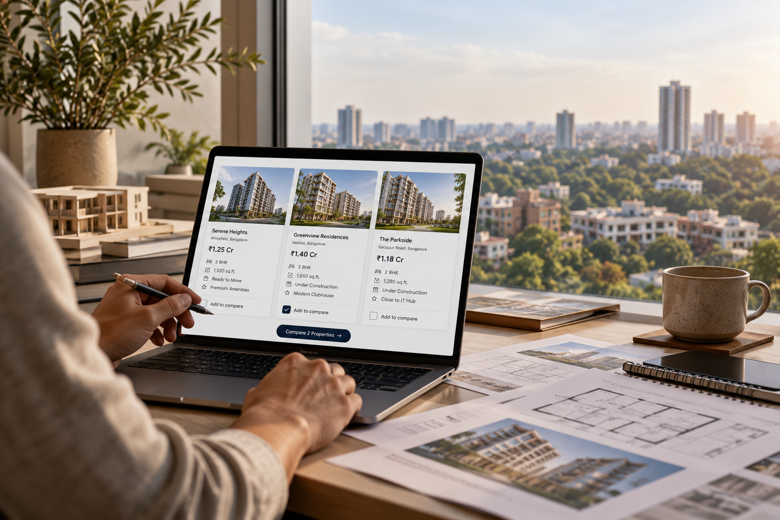 Property comparison review on a laptop overlooking the Bengaluru skyline