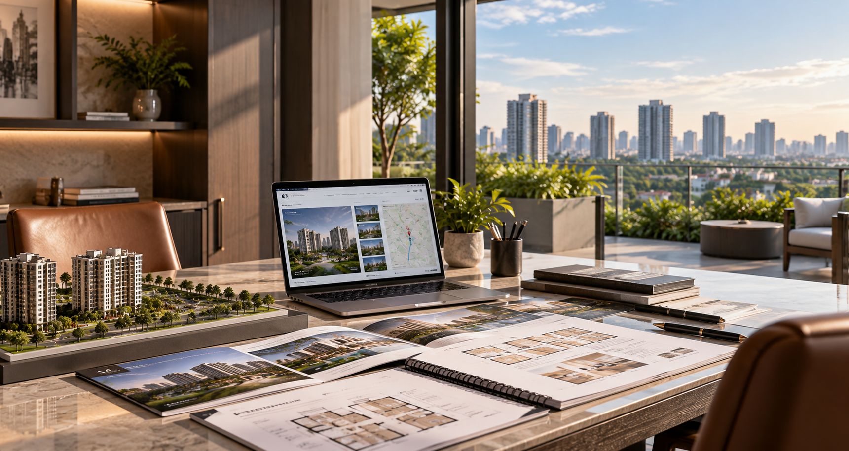 Property brochures and shortlist review on a desk