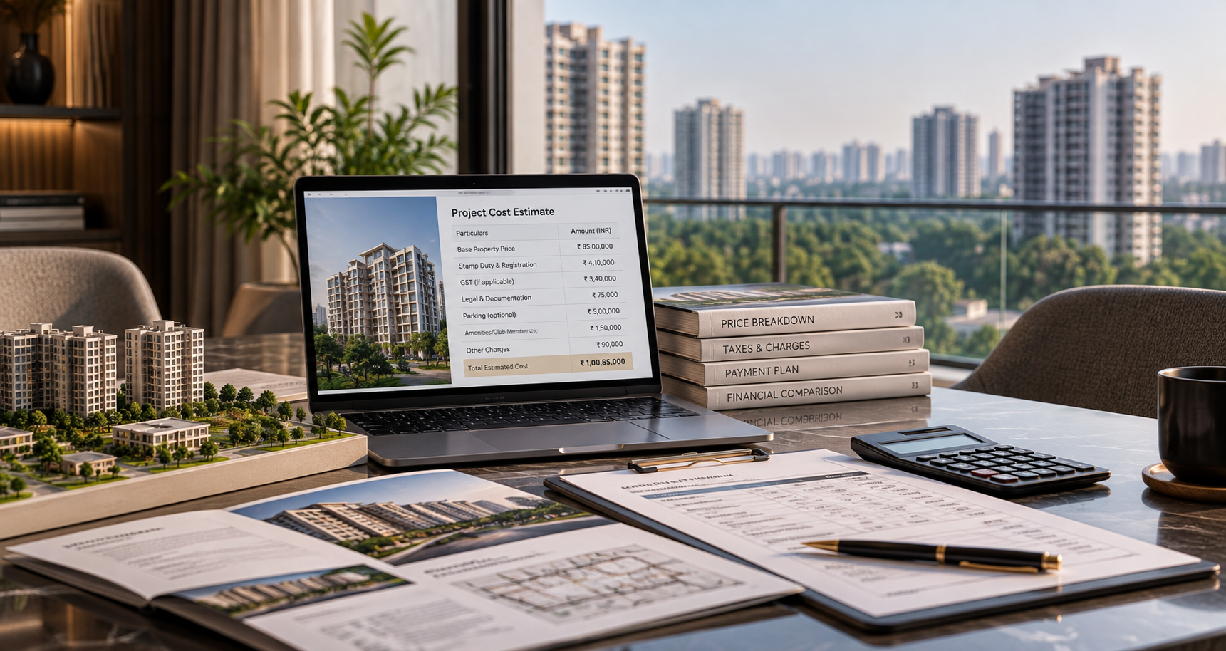 Project cost estimate reviewed on a laptop with documents