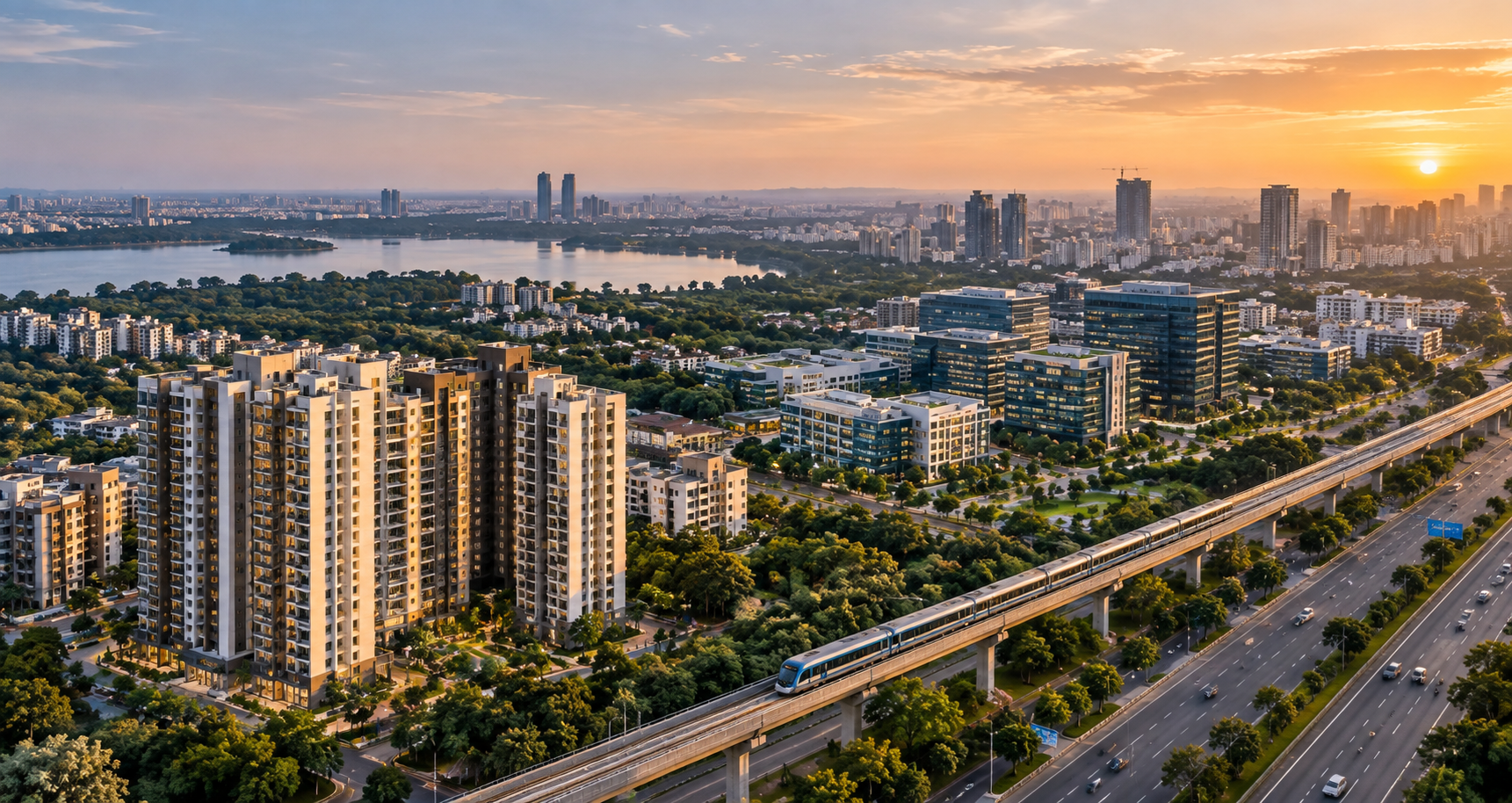 Aerial view of a metro corridor and residential neighbourhood