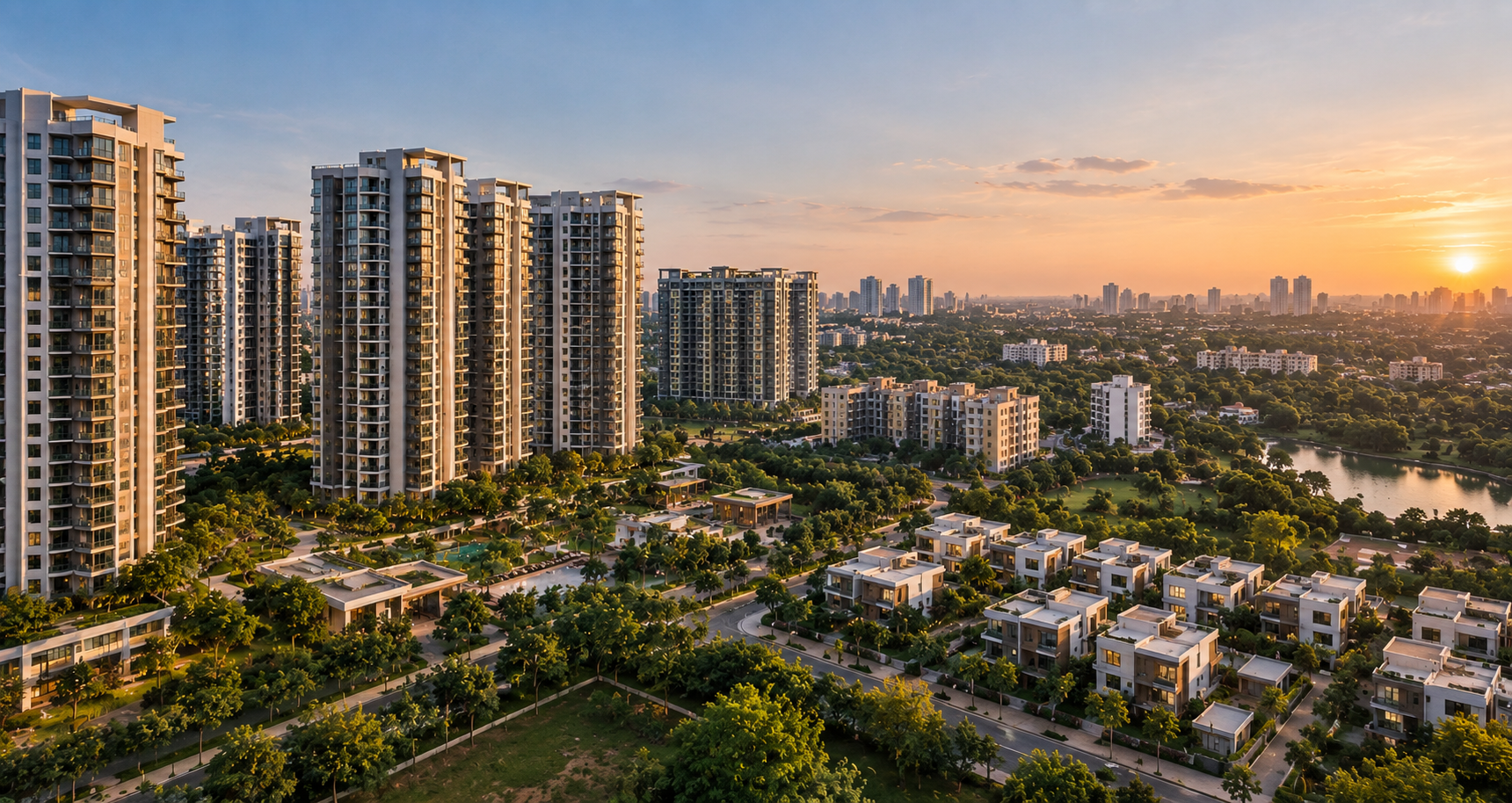 Aerial view of a residential township at sunset