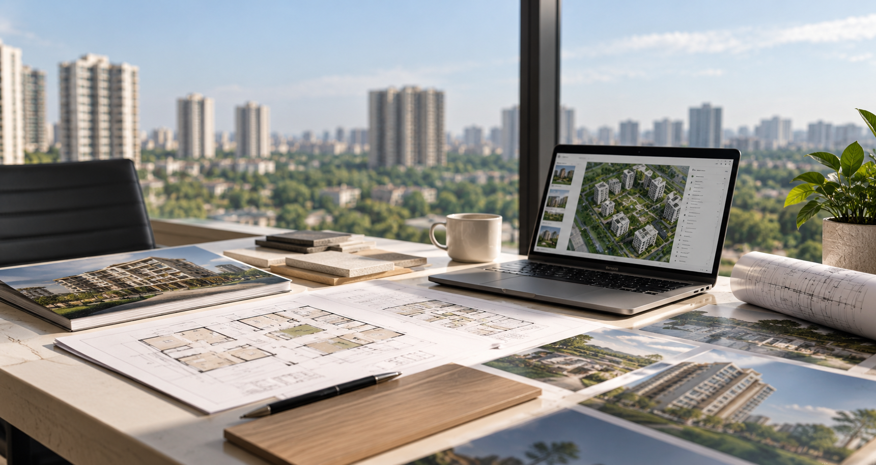 Property plans and laptop review on a desk overlooking the city